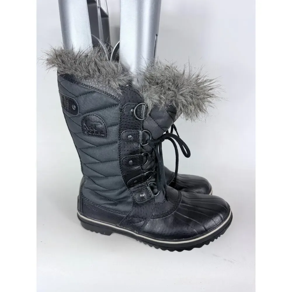 Sorel Tofino II Snow Boots Women's 9 Black Gray Faux Fur Trim Waterproof Lace-Up